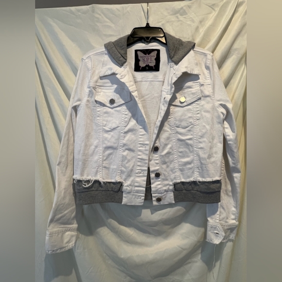 White Denim Jacket w/Removable Hood - Fits Small / Medium - Picture 2 of 2